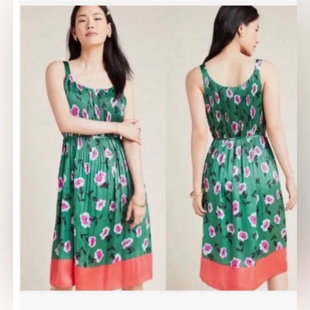 NWT Anthropologie Green Floral Pleated Midi Dress